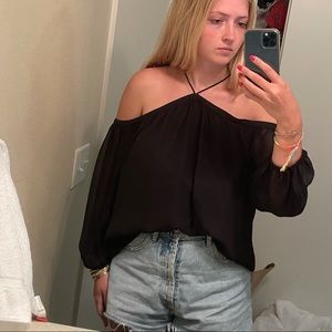 Cold shoulder long sleeve halter top